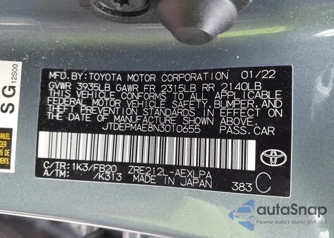 2022 Toyota Corolla Le из США, поврежденный, VIN JTDEPMAE8N3010655